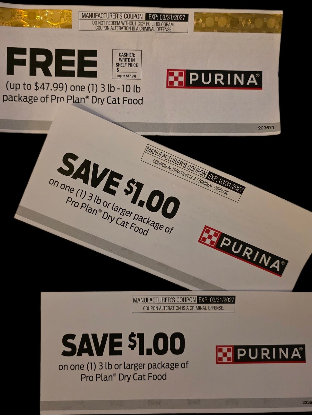 Purina ProPlan Pro Plan Dry Cat Food (1) Free Up To $47.99 Coupon & Others